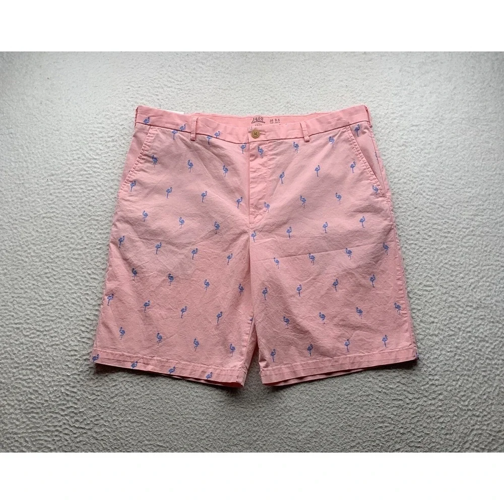 Izod Saltwater Shorts Mens 38x10 Pink Blue Allover Bird Print Preppy Stretch Dad